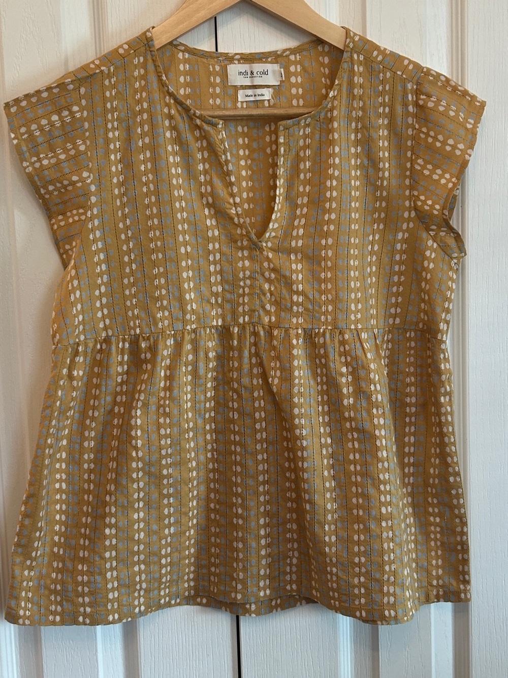 Indi & Cold 100% Cotton Peplum Blouse Mustard Stripe XS
